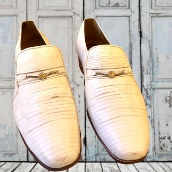 Vintage 80's Mens Dress Loafer White Leather Snake Print Queen French 10.5 ASIS - Picture 4 of 15